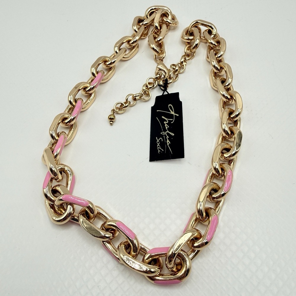 Thalia Sodi Chunky Gold Tone 19" Chain Statement Necklace w/ Pink Enamel - Picture 3 of 7